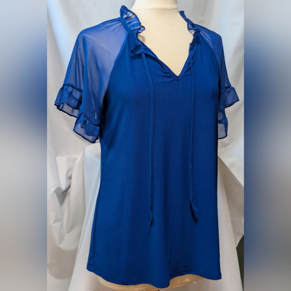 Sale Price Royal Blue Sheer Sleeve Pop Up Colar Women's blouse top. Zero 2 Eight - Picture 8 of 16